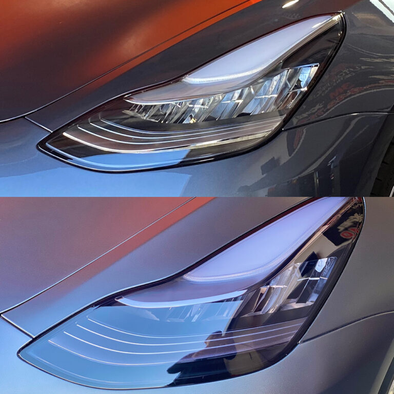 Tesla Vinyl Wrap Headlight Before & After - Oakland